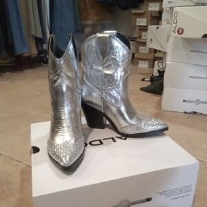 Aldo Silver Metallic Rhinestone Western Ankle Boots